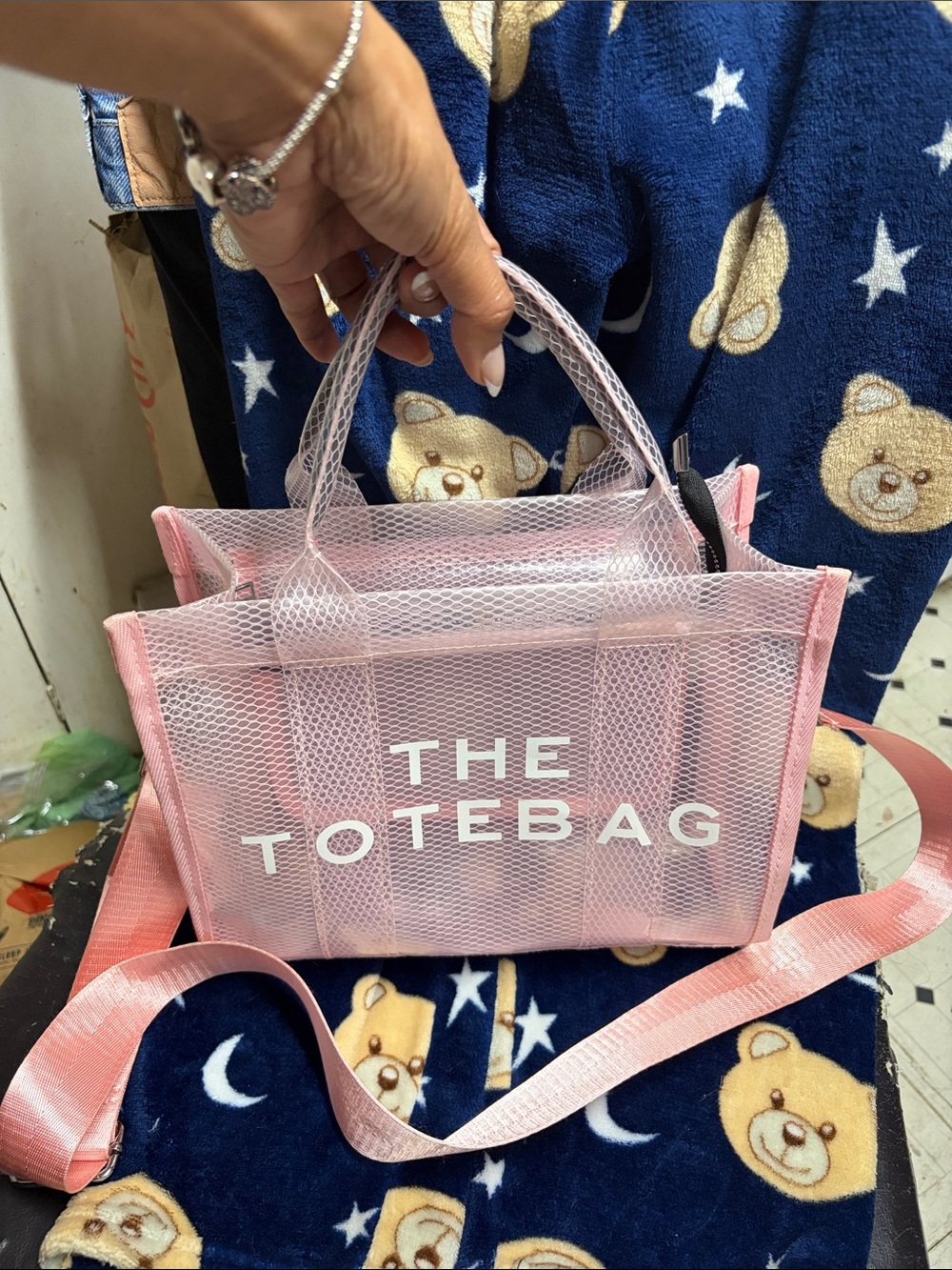 Pink The Totebag Mesh Tote Bag with Removable Strap